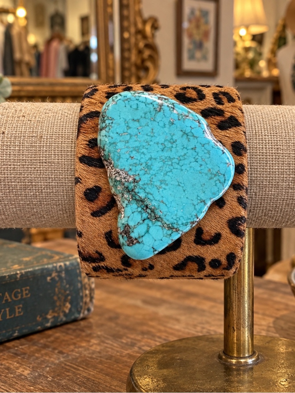 Leopard Print Cuff Bracelet with Turquoise Stone